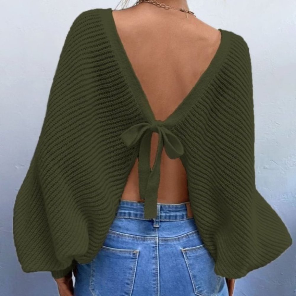 Cozy open tie back knit sweater top dusty GREEN - Picture 1 of 6